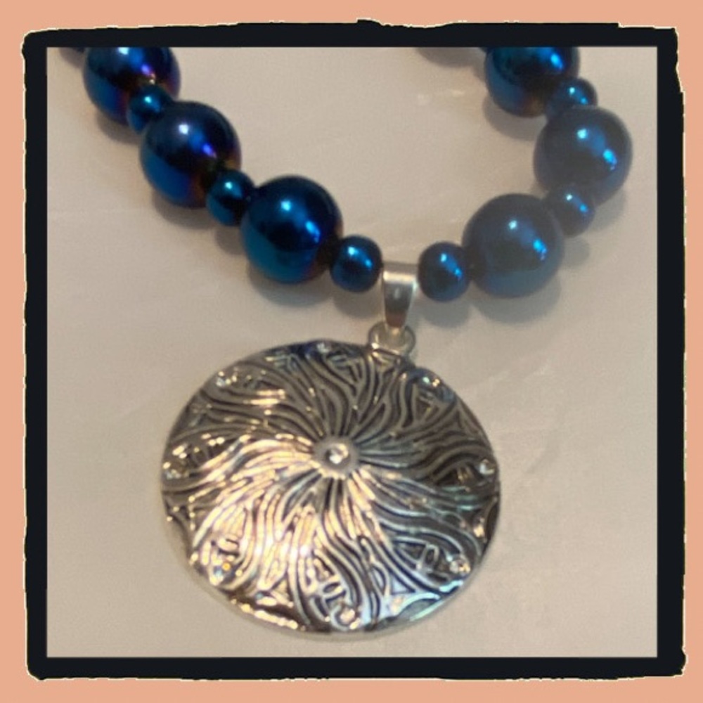 Hand Crafted Iris Blue Necklace Glass Bead Collar Statement - Picture 3 of 4